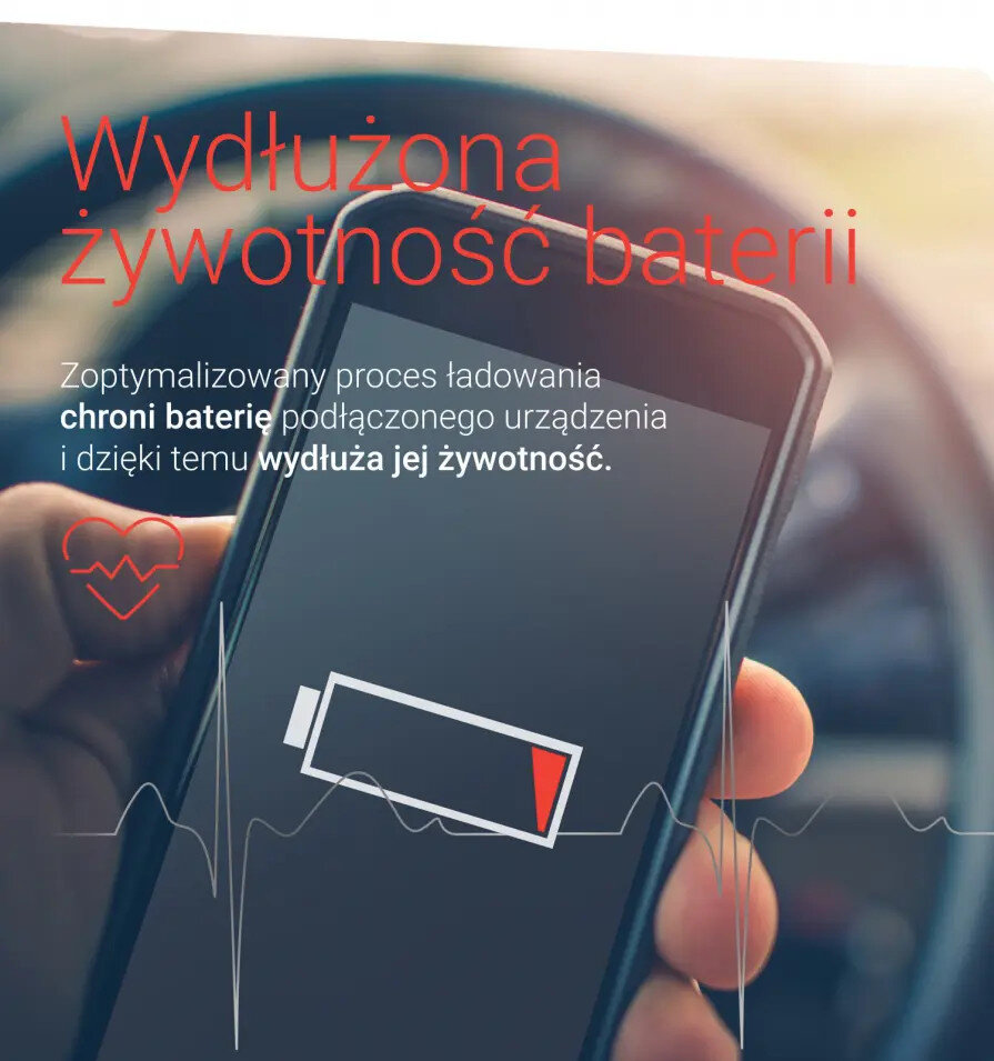 Ręka trzymająca telefon z symbolem niskiego poziomu baterii, tekst po polsku.