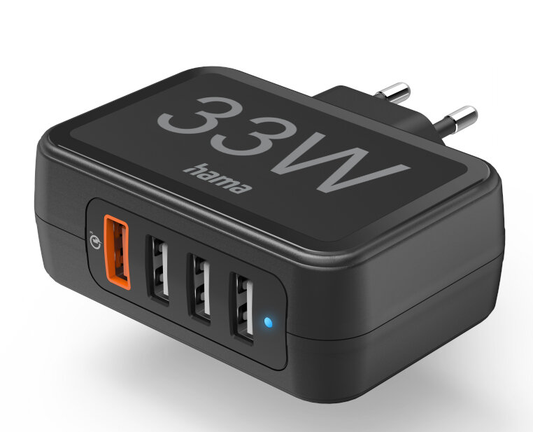 Czarna ładowarka z trzema portami USB. Pomarańczowe i niebieskie kontrolki. Tekst 33W na górze.