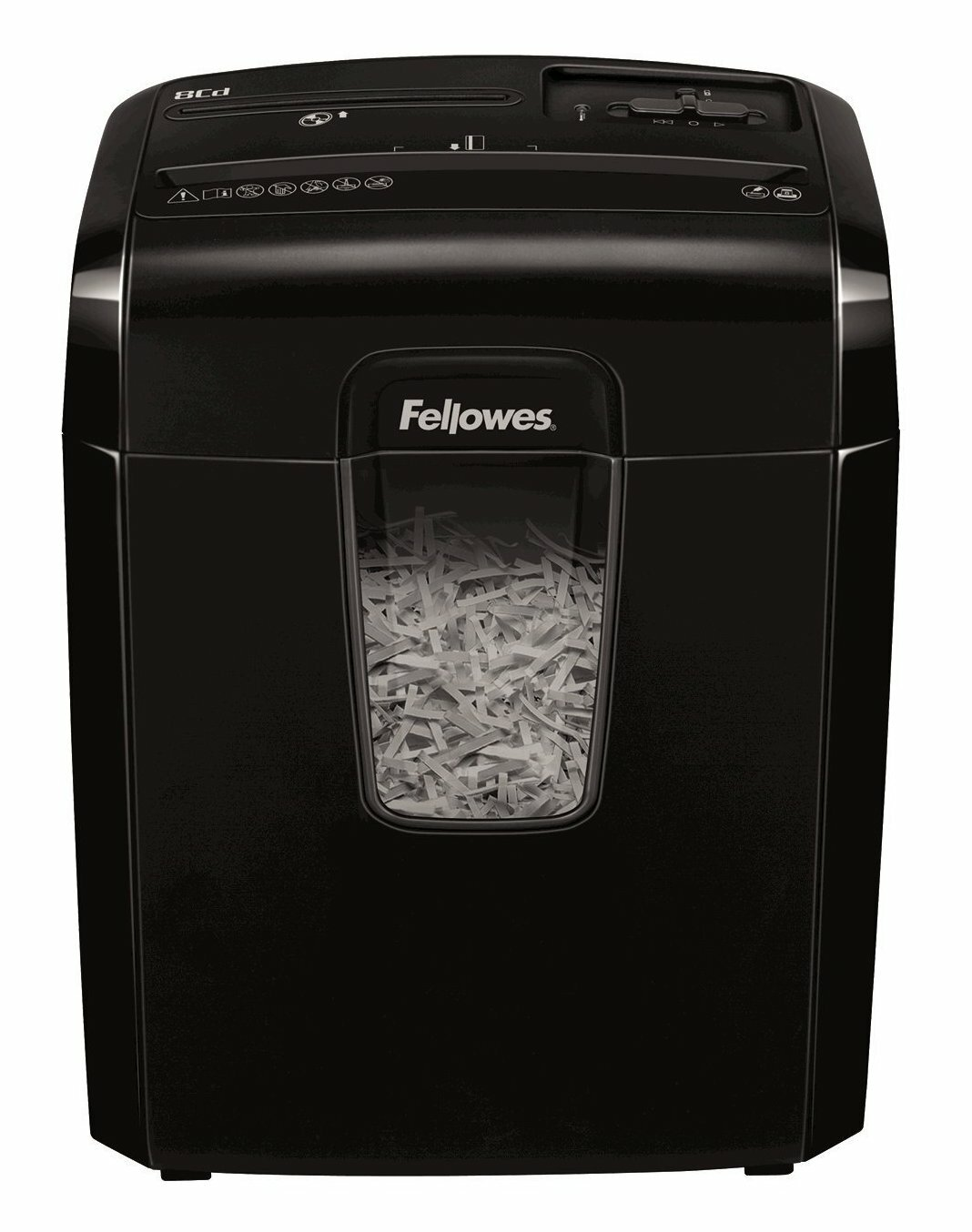 Czarna niszczarka do papieru z oknem pokazującym pocięty papier. Marka to Fellowes.