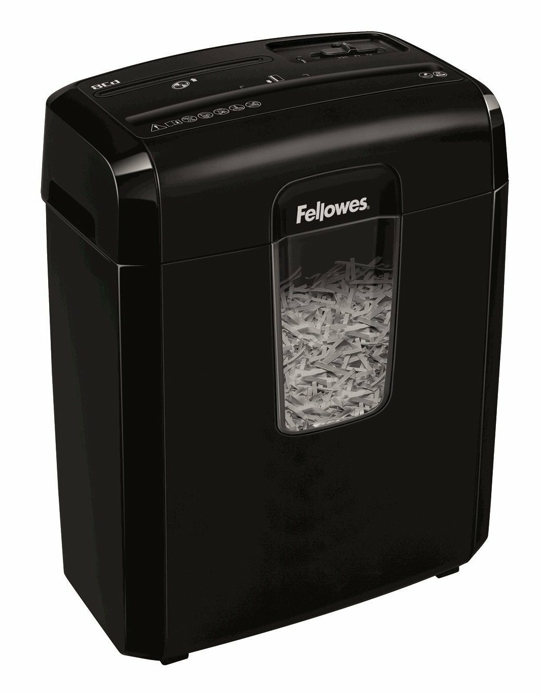 Czarna niszczarka Fellowes z oknem pokazującym pocięty papier. Białe tło.