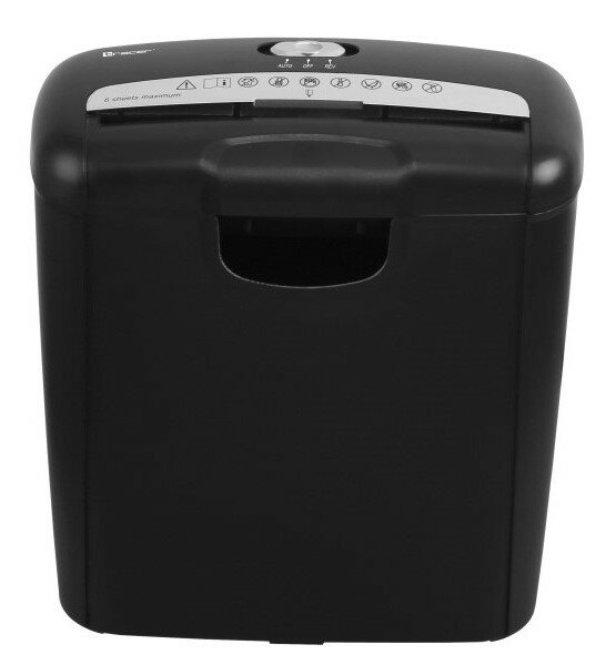 Czarna niszczarka do papieru z otworem u góry i kilkoma przyciskami. Maszyna stoi na białej powierzchni.