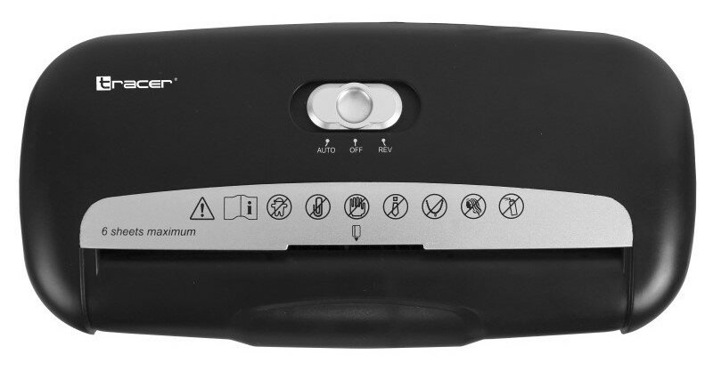 Czarna niszczarka do papieru z przyciskami sterowania i ikonami ostrzegawczymi.