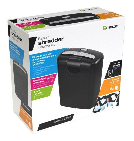 Czarna niszczarka do papieru w pudełku pokazującym maszynę i pocięty papier.