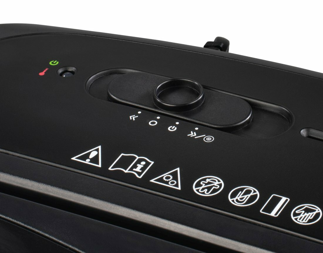 Czarny panel sterowania niszczarki do papieru z różnymi symbolami.