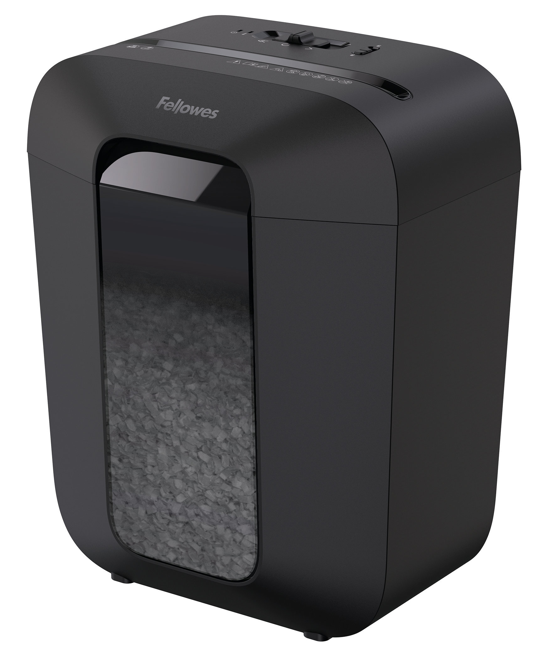 Czarna niszczarka Fellowes z przezroczystym oknem.