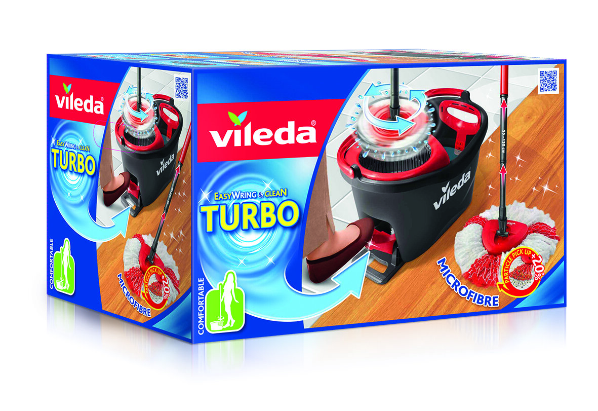 Pudełko czerwono-czarnego mopa Vileda Turbo. Pokazuje mopa, wiadro i tekst opisujący produkt.