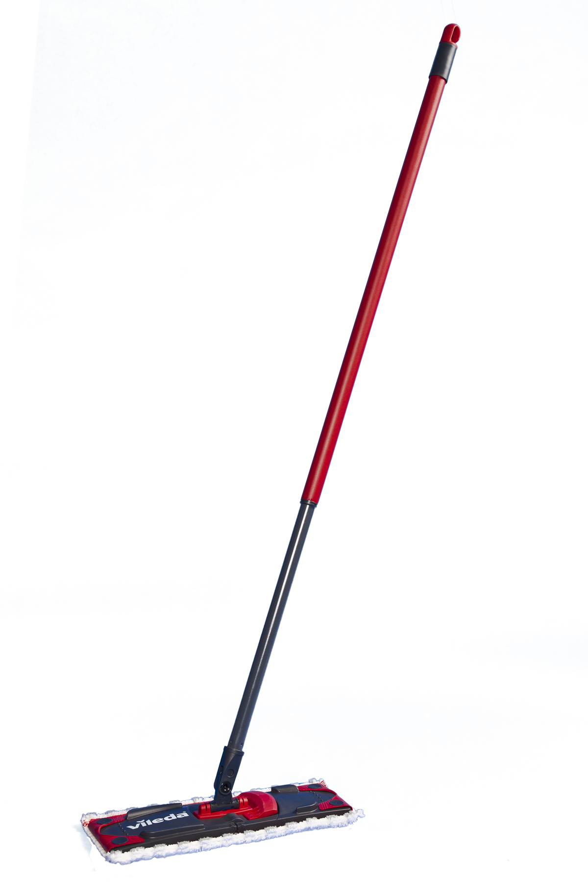 Czerwony i srebrny mop na niebieskim tle. Mop stoi pionowo.