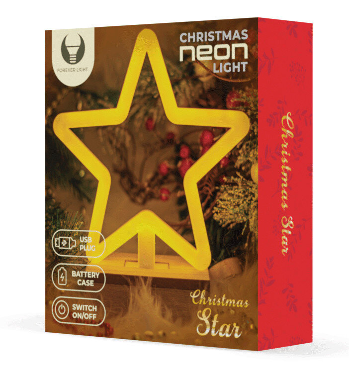 Świąteczne światło neonowe w kształcie gwiazdy, z czerwonym pudełkiem z napisem Christmas Star po prawej stronie.
