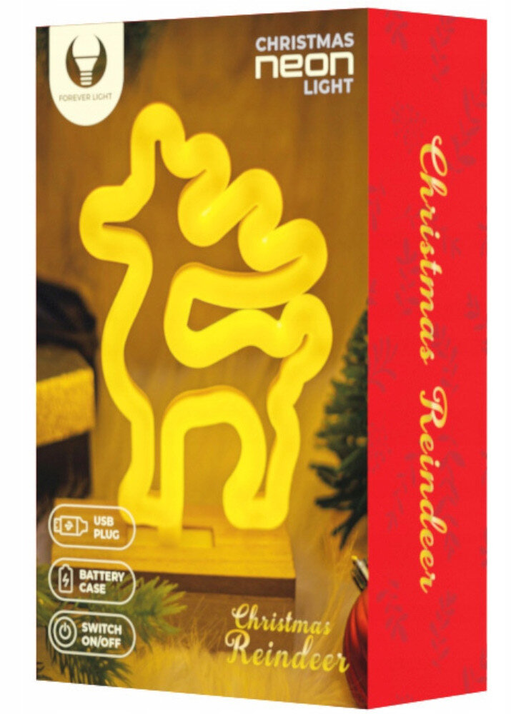Świąteczne światło neonowe w kształcie renifera, z czerwonym pudełkiem po prawej stronie z napisem Christmas Reindeer.