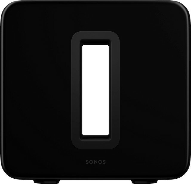 Czarny subwoofer Sonos z prostokątnym otworem pośrodku. Prosty, nowoczesny design.