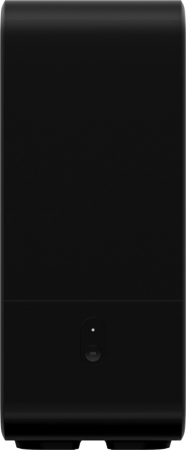 Wysoki czarny głośnik z jednym przyciskiem i logo na dole.