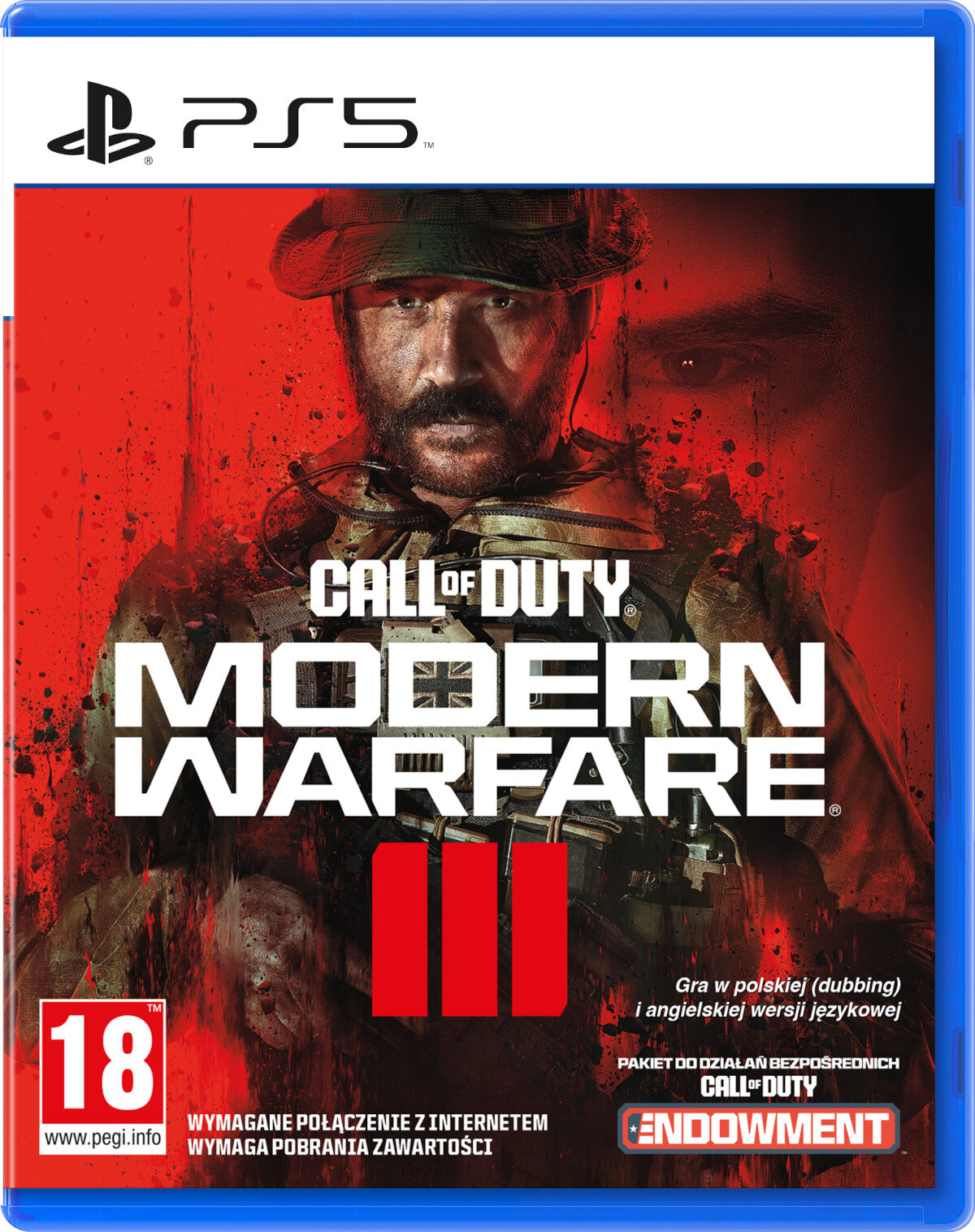 Opakowanie gry Call of Duty: Modern Warfare III na PS5. Pokazuje żołnierza i tytuł gry. Niebieskie opakowanie.
