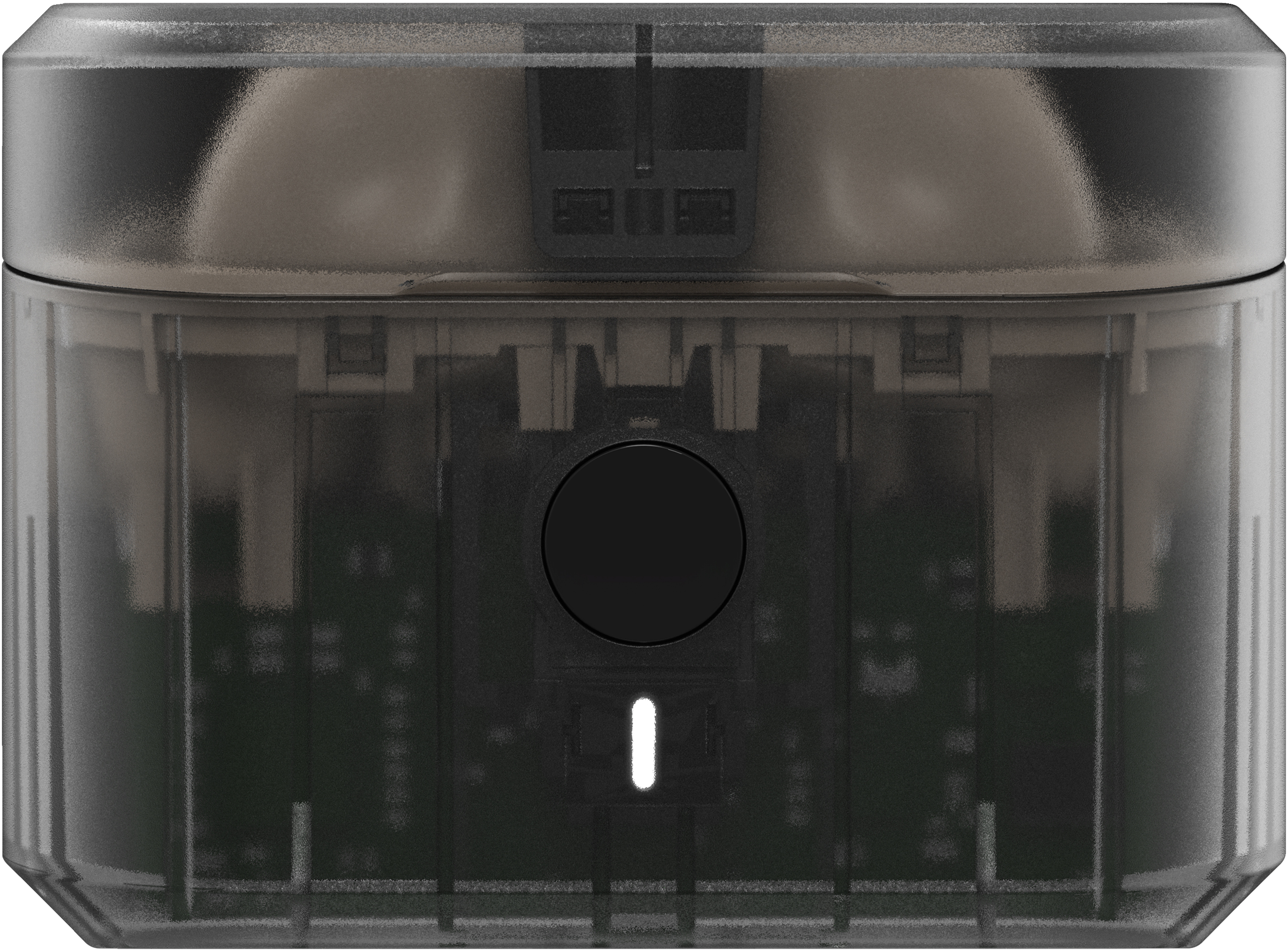 Ein schwarzes, transparentes elektronisches Gerät. Ein schwarzer Knopf und ein weißes Licht sind sichtbar.