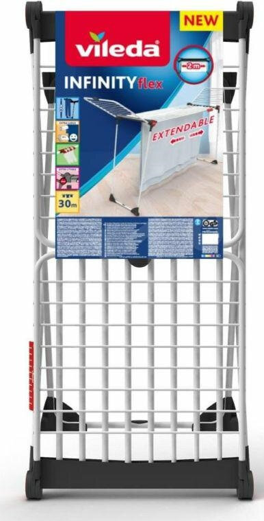 Biało-szara suszarka na pranie Vileda Infinity Flex z niebiesko-czerwoną etykietą produktu.