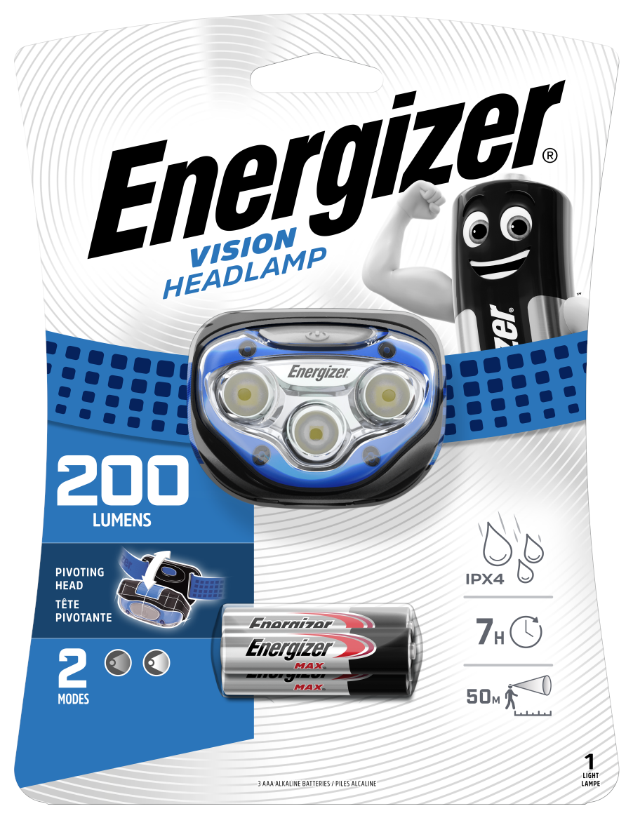 Reflektor Energizer z akumulatorem na białym tle.