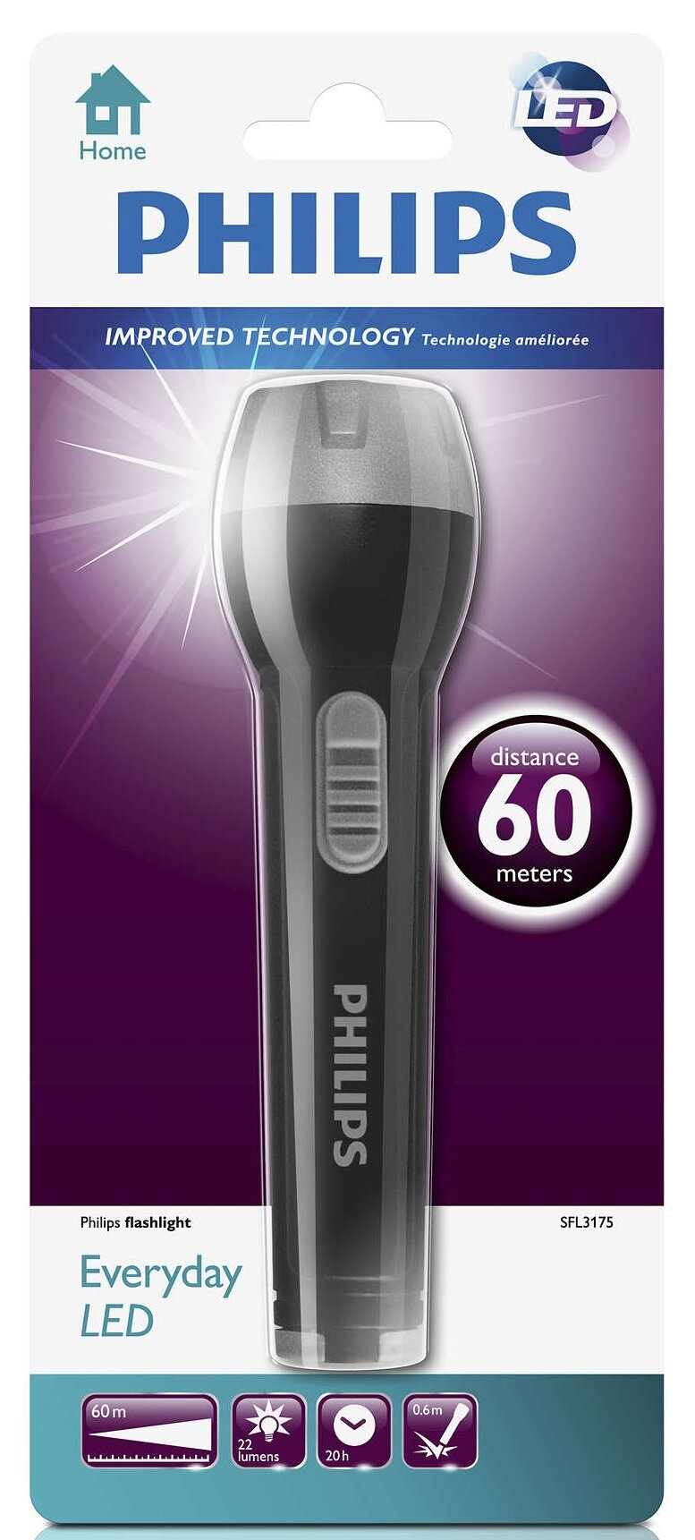 Latarka LED Philips w opakowaniu, pokazująca odległość wiązki światła.