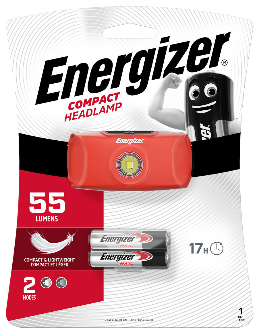 Czołówka Energizer czerwona z bateriami i napisem 'Compact Headlamp'.