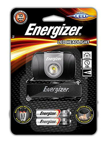 Czołówka LED Energizer w opakowaniu z bateriami. Czarny i szary design.