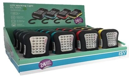 Wyświetlacz LED-owych lamp roboczych w pudełku. Czarny z kolorowymi akcentami.