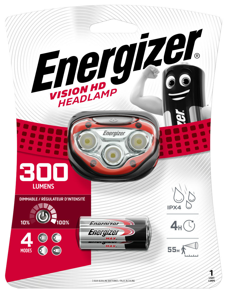 Opakowanie czołówki Energizer Vision HD. Pokazuje czołówkę z 3 diodami LED i bateriami.