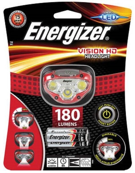 Latarka czołowa Energizer, czerwono-czarne opakowanie, z bateriami.