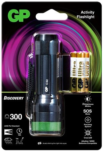 Latarka w opakowaniu z bateriami i tekstem.