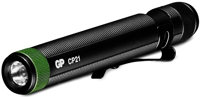 Czarna i zielona latarka. Marka to "GP CP21". Posiada klips do kieszeni.