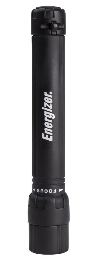 Czarna latarka Energizer, białe logo, z regulacją ostrości.