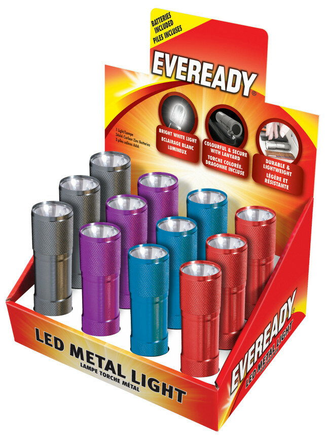 Pudełko wystawowe metalowych latarek LED Eveready w różnych kolorach: srebrnym, fioletowym, niebieskim i czerwonym.