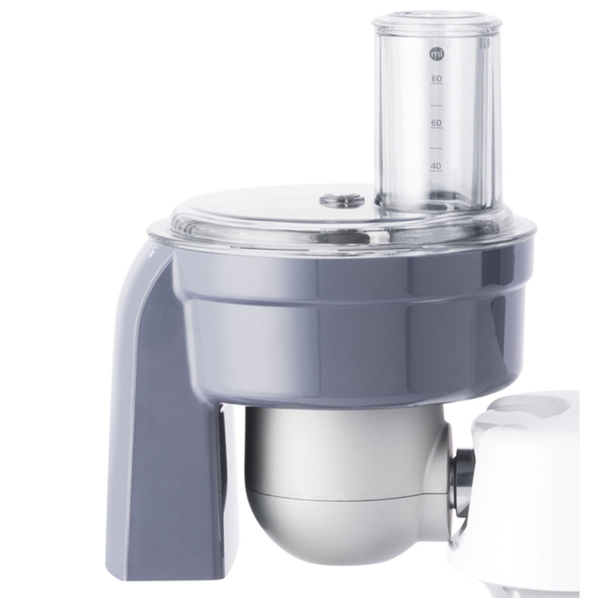 Szare akcesorium do robota kuchennego. Ma przezroczystą górę i pojemnik pomiarowy.