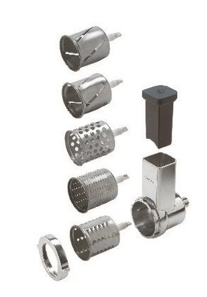 Różne przystawki do robota kuchennego. Zawiera ostrza, tarcze i element w kształcie kwadratu.