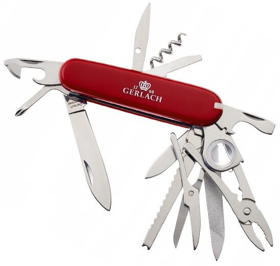 Czerwone multi-tool z różnymi narzędziami, na białym tle.