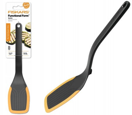 Czarna szpatułka z żółtym akcentem i białą etykietą ze zdjęciem grillowanych warzyw.