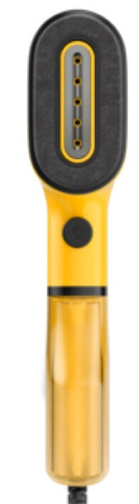 Żółto-czarny parownik do odzieży z przezroczystym zbiornikiem na wodę.