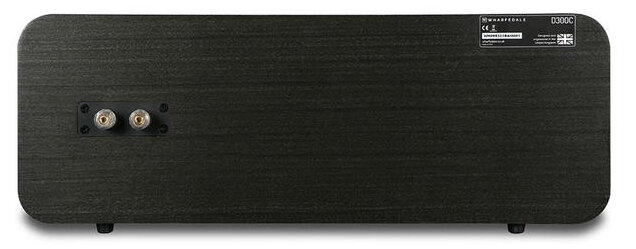 Panel tylny głośnika Wharfedale. Jest ciemny, drewnopodobny z złączami i etykietą produktu.