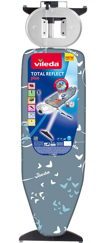 Deska do prasowania z pokrowcem i uchwytem ściennym. Wzór motyli na pokrowcu, z tekstem.