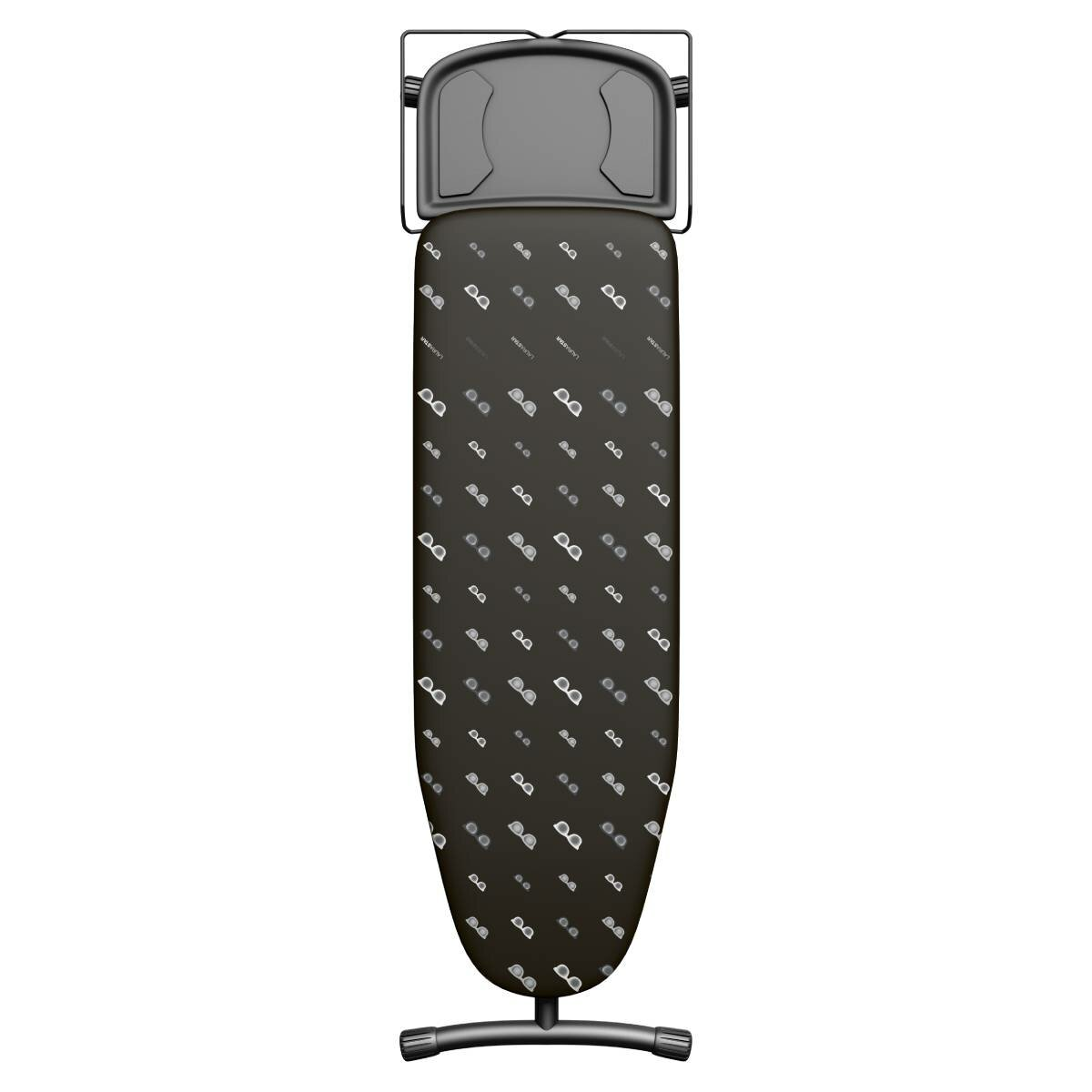 Deska do prasowania z szarą osłoną, czarną podstawą i miejscem na żelazko u góry.