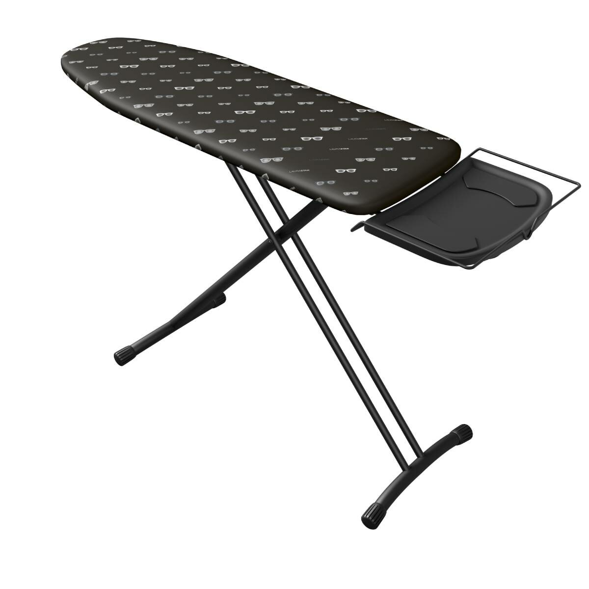 Deska do prasowania. Czarna rama i podstawa. Czarna powierzchnia z nadrukiem okularów i tacką.