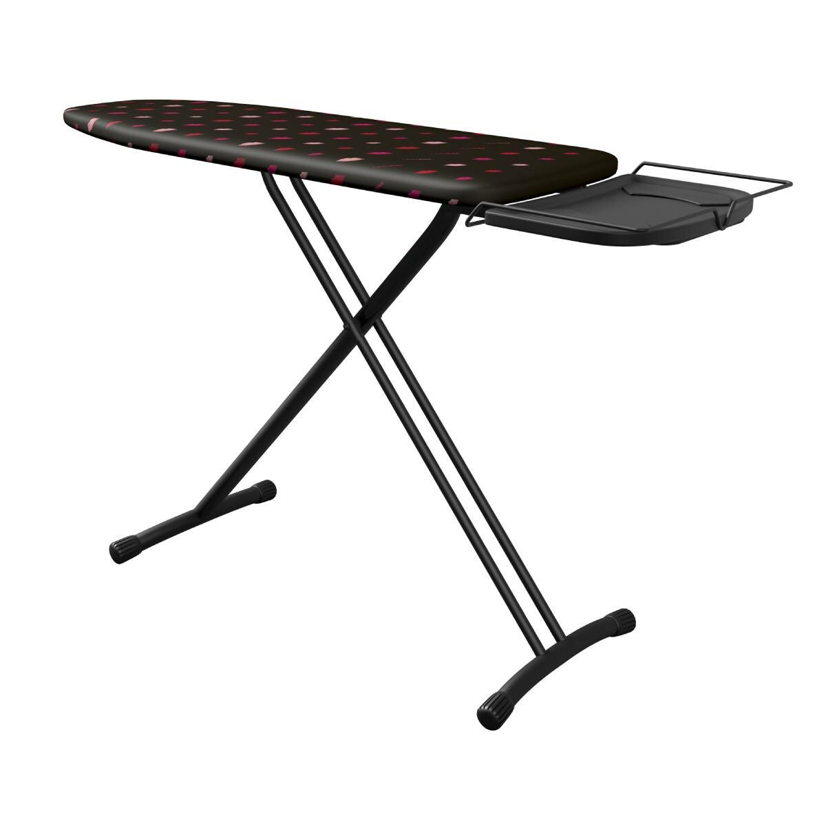 Deska do prasowania z czarną ramą i wzorzystym blatem. Deska ma boczną podpórkę i jest na białym tle.