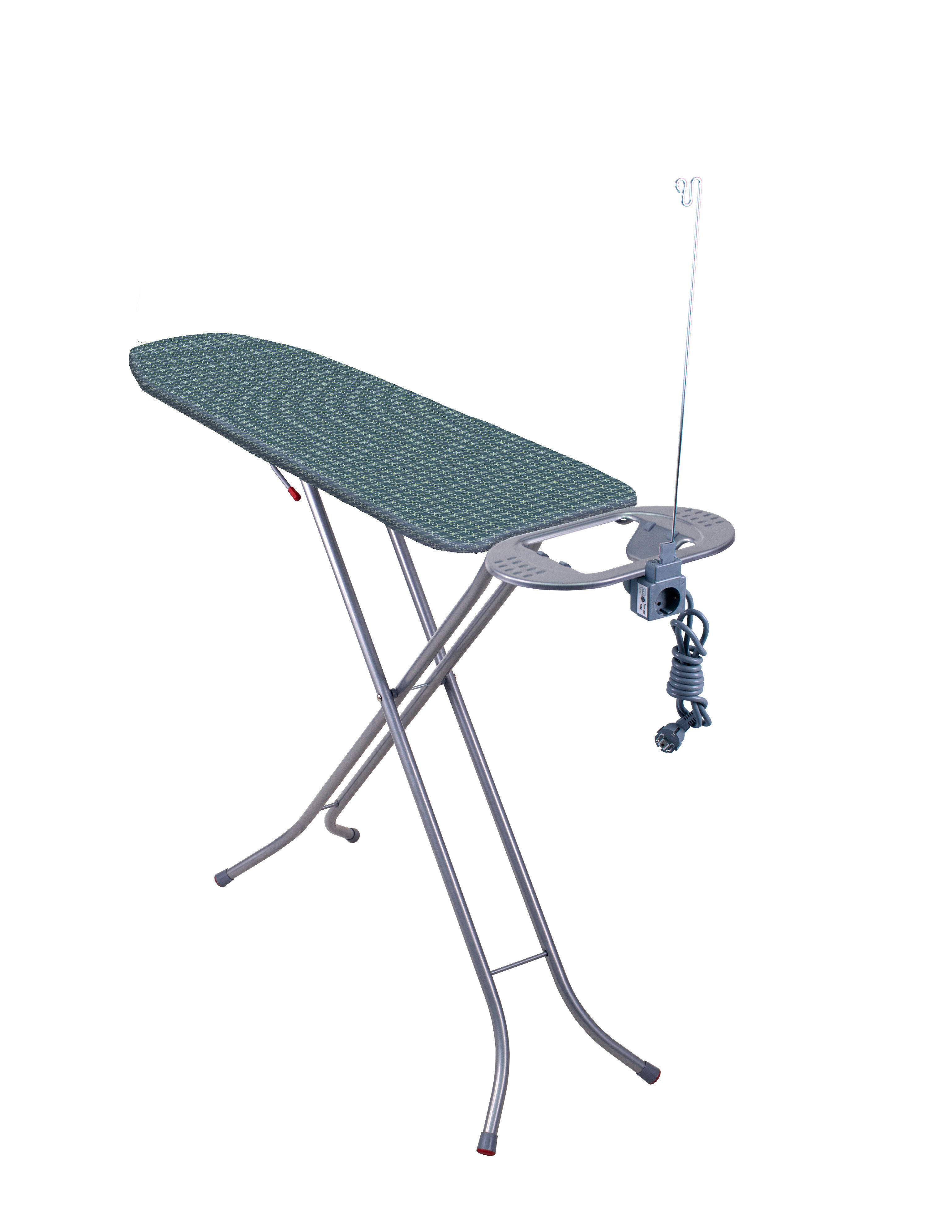 Deska do prasowania z zielonym pokrowcem i uchwytem na żelazko.