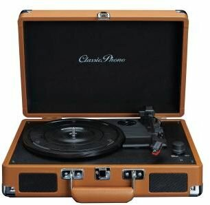 Brązowy gramofon w stylu walizki, otwarty, z czarną płytą.