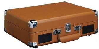 Brązowy gramofon w stylu walizki z głośnikami.