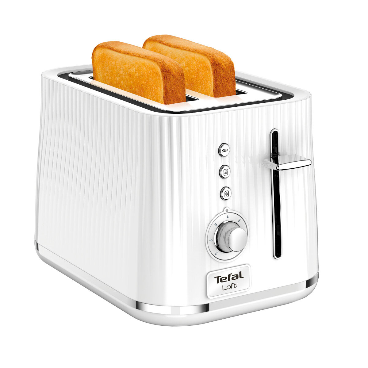 Biały toster Tefal Loft z dwoma kromkami tostów. Srebrne akcenty i elementy sterujące.
