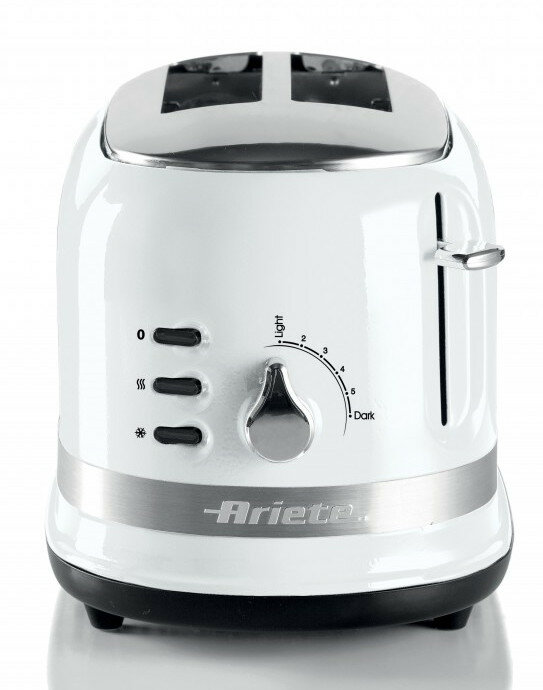 Biały toster w stylu retro z logo Ariete, elementami sterowania i srebrnymi akcentami.