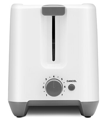 Biały toster z pokrętłem od 1 do 7, przyciskiem anulowania i szarymi akcentami.