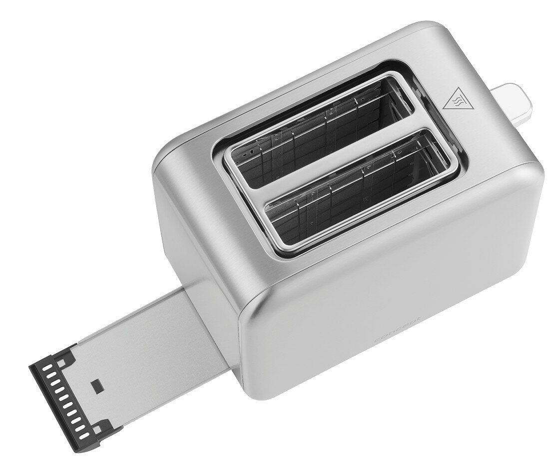 Srebrny toster CONCEPT z wysuwaną tacką na okruchy.