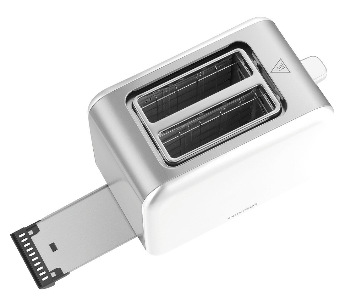 Srebrny i biały toster z dwoma otworami i uchwytem do wysuwania tostów.