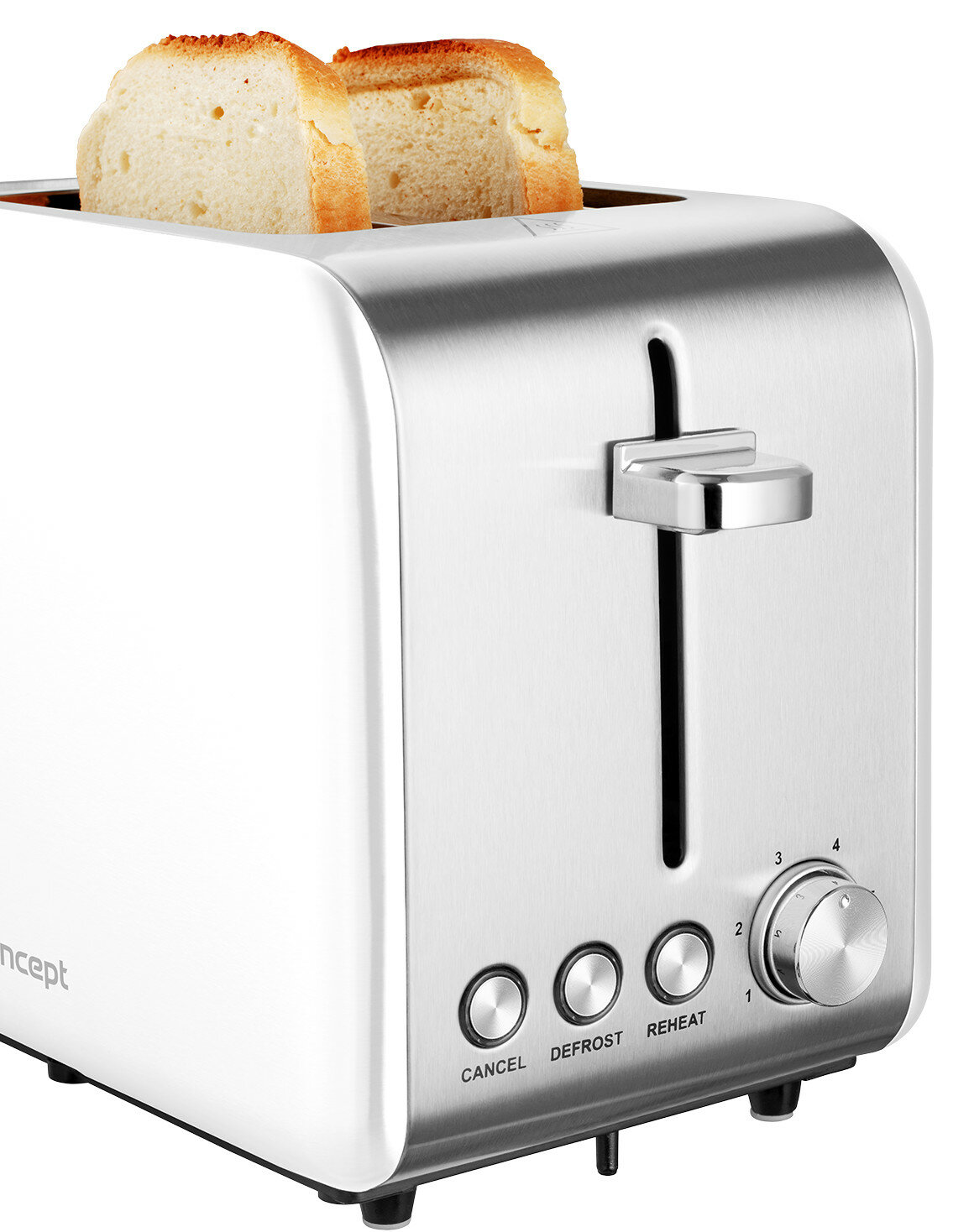 Srebrny i biały toster z dwoma kromkami chleba w szczelinach. Są trzy przyciski i pokrętło.