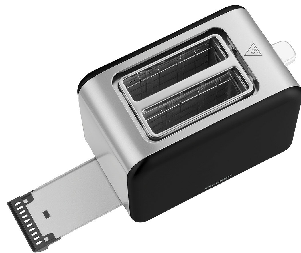 Czarny i srebrny toster z dwoma otworami i tacką.