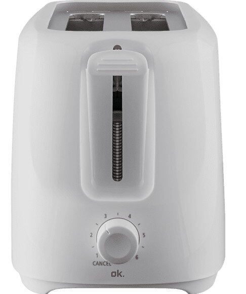 Biały toster z pokrętłem od 1 do 5, przyciskiem anulowania i dwoma otworami na chleb.